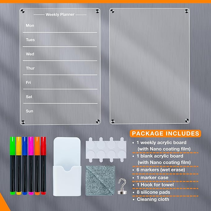 Acrylic Magnetic Dry Erase Calendar Board for Fridge - 2 Pack Weekly Planner Organizer and a Clear Whiteboard with Scratch Resistant Technology. 6 Markers, Case, Cloth, Protectors, & Hook. SPLANDIN