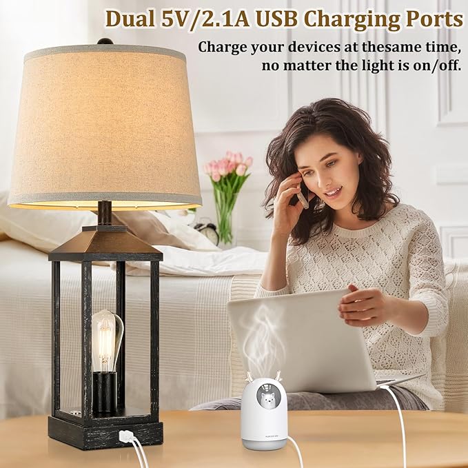 28" Black Farmhouse Bedside Table Lamp for Living Room, 3-Way Dimmable Touch Control Modern Nightstand Lamp with 2 Light, Rustic Desk Lamp with USB Ports for Bedroom, Home, Office, 2 Bulbs Included