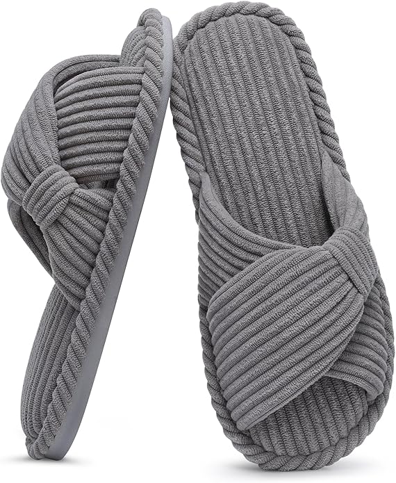 Evshine Fall House Slippers for Women Corduroy Cross Bow Indoor Slippers Open Toe Slip On Bedroom Shoes with Memory Foam