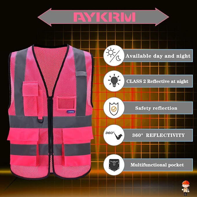 A-SAFETY High Visibility Mesh Safety Reflective Vest with Pockets and Zipper,Hi Viz Work Vest for Men Women (Pink Mesh M)