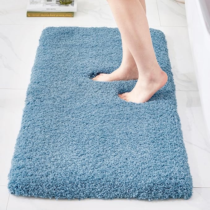 Bathroom Rugs 59x24, Ultra Thick Shaggy Soft Microfiber Absorbent Bath Rug, High Density Foam Latex Non Slip Backing, Machine Washable Bath Mats for Bathroom Floor & Sink, Blue