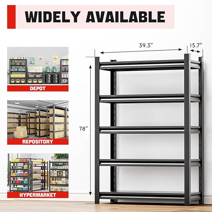 Heavy Duty Garage Shelf – 5 Shelf Storage Shelving Rack Organizer for Home, Workshop, or Utility Spaces, Metal Shelving Unit for Maximizing Garage Storage 16" D x40 W x78 H