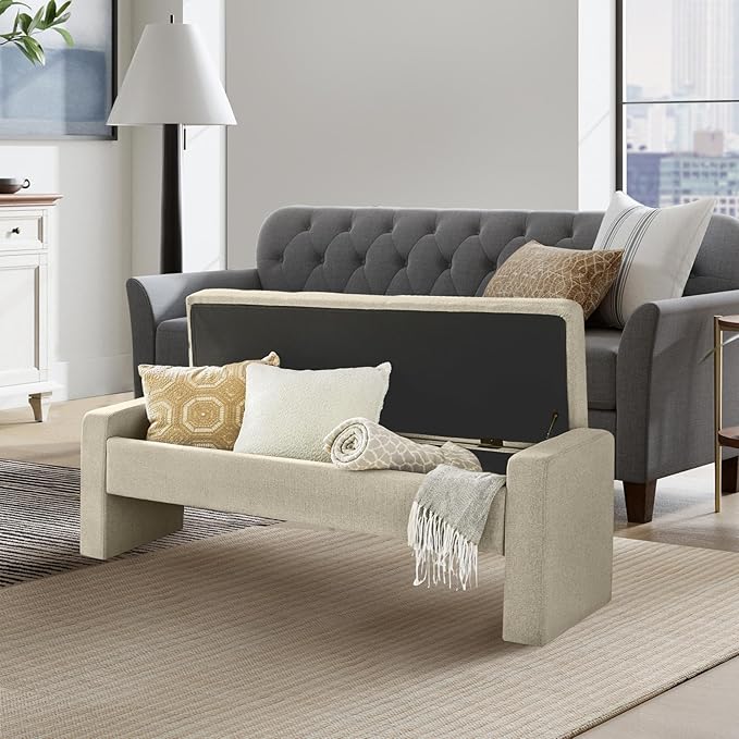 55" Modern Upholstered Storage Bench with Tufted Seat, Fabric Ottoman Bench for Bedroom, Entryway, or Living Room, Soft Close Hinge,Beige
