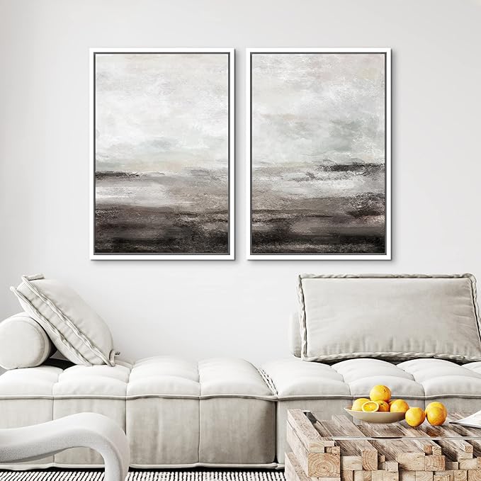MUDECOR Framed Wall Art Print Set Brown and Gray Grunge Paint Stroke Landscape Abstract Shapes Illustrations Modern Minimalist Chic Relax/Calm for Living Room, Bedroom, Office - 24"x36"x2 White