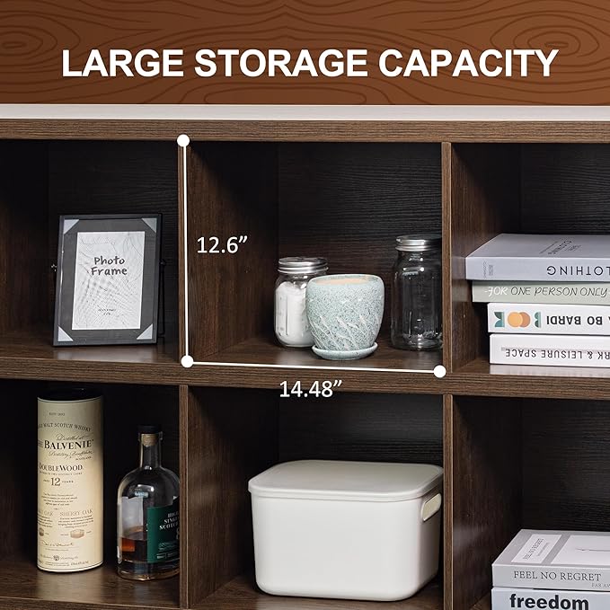 8 Cube Storage Organizer Bookshelf, Industrial Horizontal Bookcase, Accent Cubby Shelf, Media Console Table for Living Room, Home Office, 13.6" D x 63" W x 30.9" H, Brown Walnut