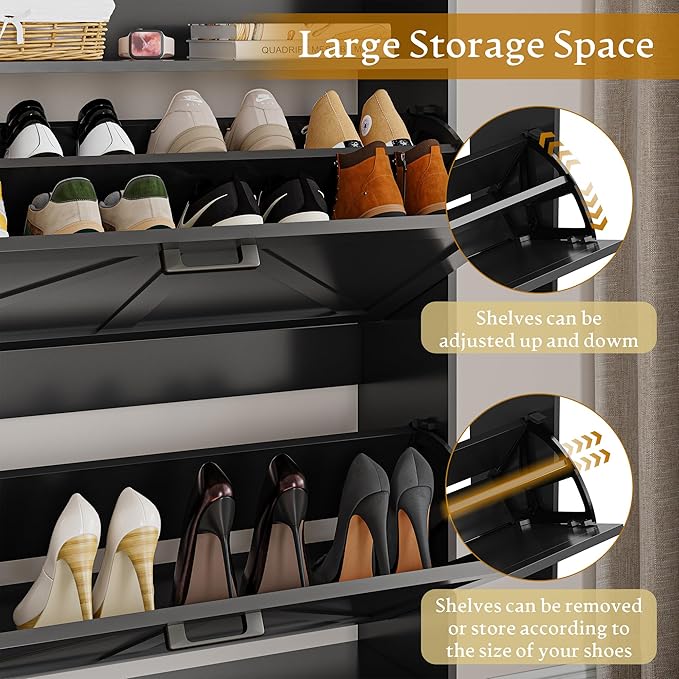 Shoe Cabinet with 2 Flip Drawers, 45" Freestanding Narrow Wood Shoe Storage Cabinet with Metal Legs and Hooks, Slim Shoe Rack Organizer for Entryway, Hallway, Black