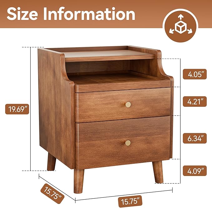Nightstand with Drawers, Pre-Assembled, 19.7" H Natural Solid Wood Night Stand with Open Sliding Shelf, Mid Century Modern Small Bedside Table Cabinet for Bedroom, End Side Table, Walnut