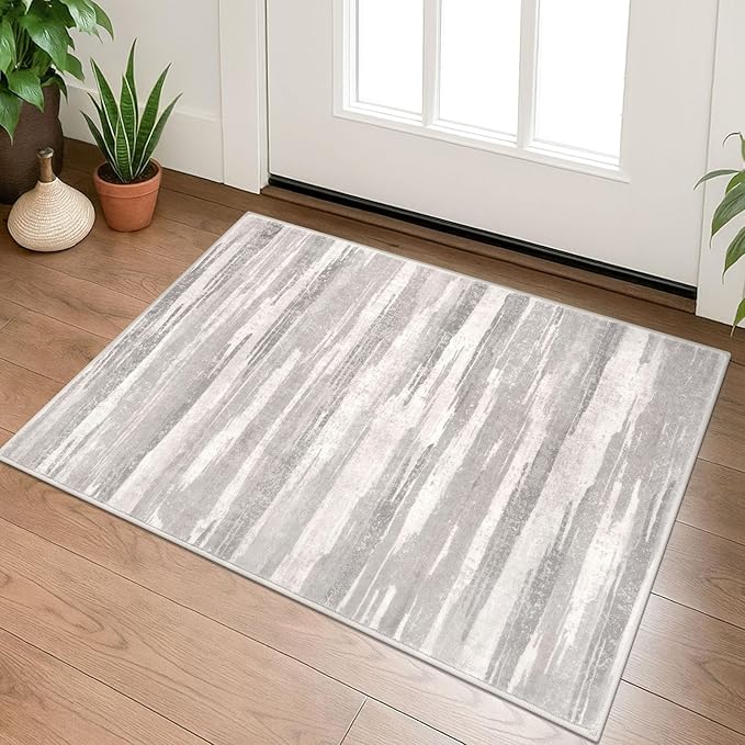 Modern Abstract Entryway Rug Indoor 2x3 Neutral Washable Non-Slip Soft Small Area Rug Light Beige and Grey Kitchen Mat Thin Print Faux Wool Floor Carpet for Entrance Bedroom