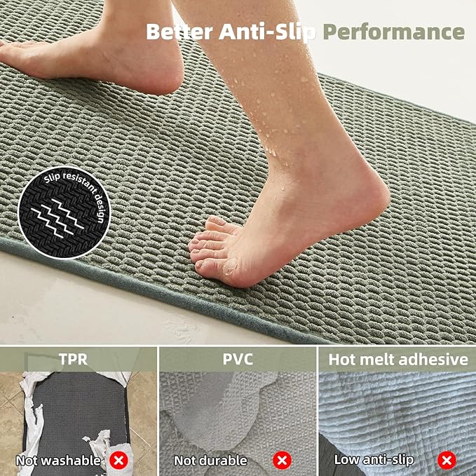Bathroom Runner Rugs, Long Bath Mat Runner Washable Thin Quick Dry Low Pile Bathroom Runner Rugs Non Slip, Sage Green 16"x60"