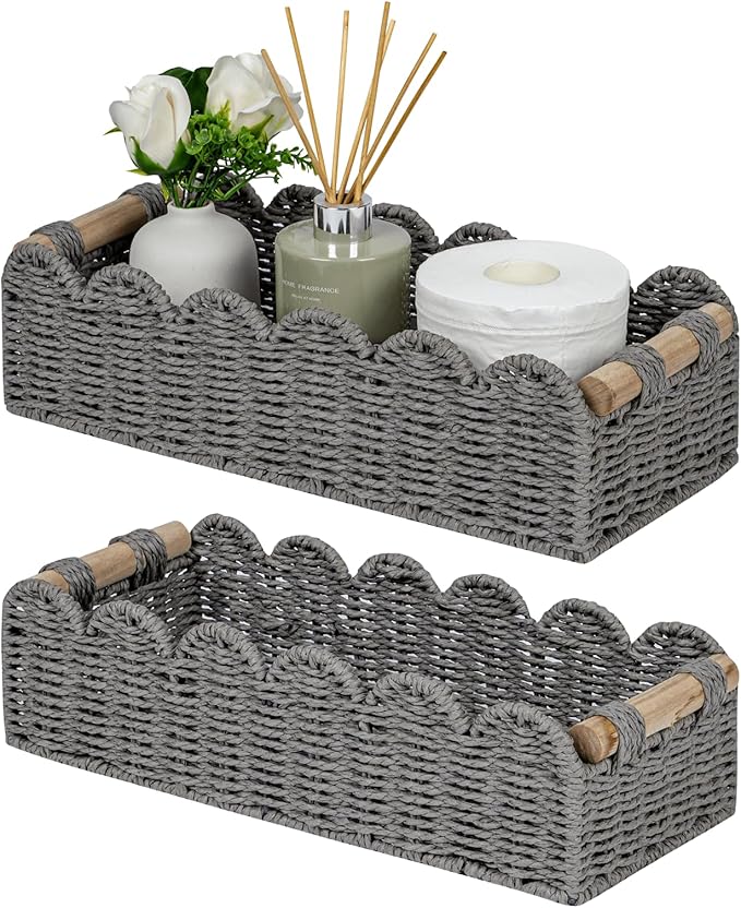 CubesLand Scalloped Decor Basket for Living Room, Home, Bathroom, 2SAME SIZE Paper Rope Basket, Toilet Storage Baskets for Over Toilet Storage Shelf, Cozy Woven Basket Both Storage&Decor, Grey