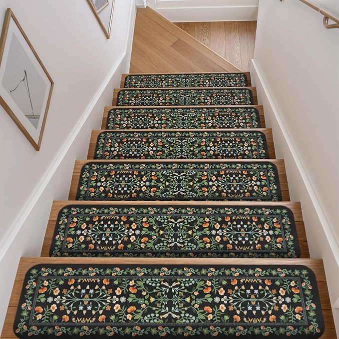 OJIA Floral Stair Treads Non-Slip Stair Runner for Wooden Steps Indoor 15PCS 30"x8" Carpet Stair Treads Stair Mats Staircase Step Treads for Kids, Elders and Dogs, Stair Covers, Black