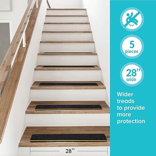 LifeGrip Anti Slip Traction Treads with Reflective Stripe (5-Pack), 6" X 28", Best Grip Tape Grit Non Slip, Outdoor Non Skid Tape, High Traction Friction Abrasive Adhesive for Stairs Step, Black