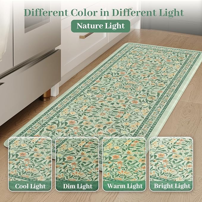 KIMODE Kitchen Mats Cushioned Anti Fatigue 20"x39", Green Floral Kitchen Mats for Floor, Padded Kitchen Floor Mats Non Slip, Standing Mat for Laundry Office Sink Desk