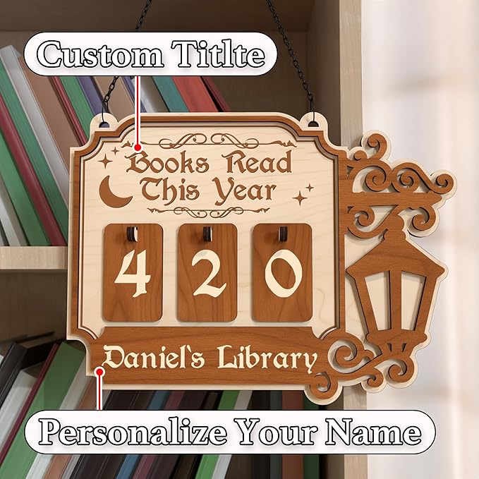 Books Read This Year Counter, Personalized Book Tracker Sign, Book Lover Gifts for Women, Readers, Librarians, Teachers, Writers, Wooden Hanging Library Decor, Reading Nook, Bookshelf Accessories
