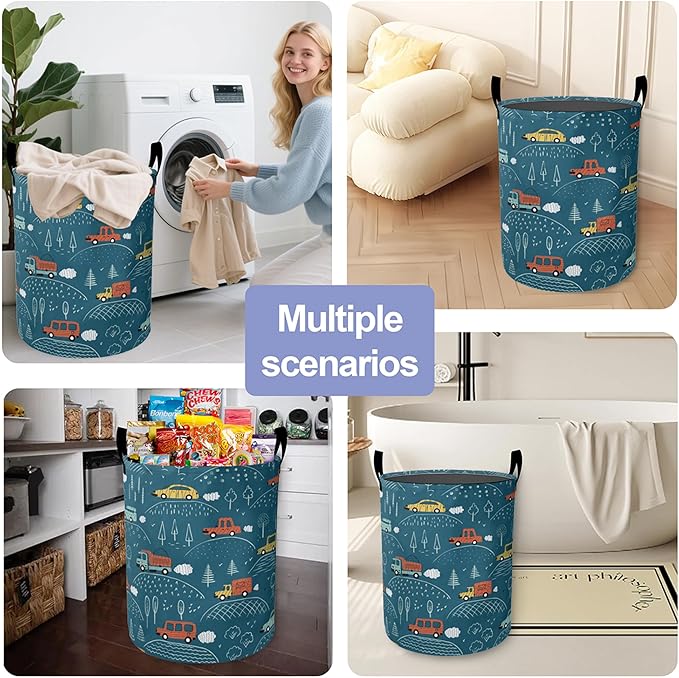Laundry Basket-Blue Cartoon Car Foldable Waterproof Oxford Cloth Funny Tote Bag Laundry Hamper Clothes Storage Bucket Organizer For Bathroom/Laundry Storage/Bedroom Storage Basket