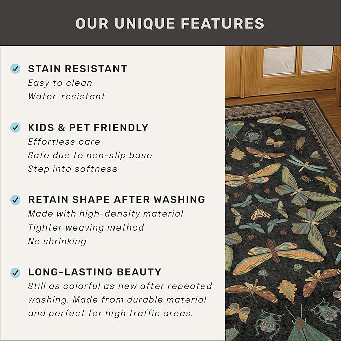 Black Washable Insect Area Rugs 8x10 for Living Room, Bedroom, Dining Room Under Table, Playroom, Large Dark Whimsical Boho Indoor Rug, Ultra Soft Low Pile Non Slip