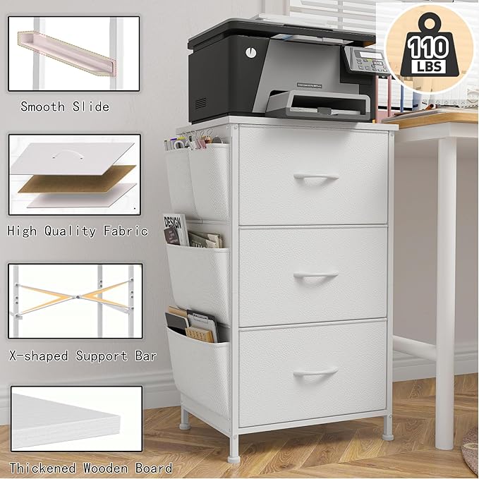 EnHomee Tall Nightstand, Night Stand with Drawers for Bedroom, Bedside Table with Wooden Top, Sturdy Steel Frame End Table, Dorm Nightstand for Bedroom, Entryway, Hallway, Closet, Cloth Bags,White