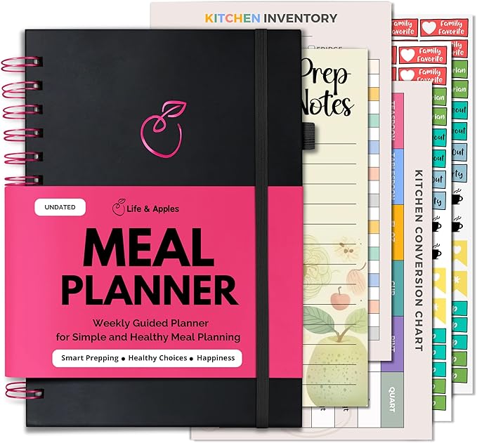 Life & Apples Meal Planner with Grocery List – Undated Weekly Menu & Meal Prep Notebook for Women & Men, Healthy Eating & Weight Loss Planner, 52-Week Spiral Bound Journal, Pink Spiral