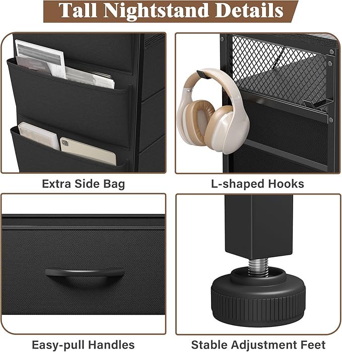 EnHomee Tall Night Stand with 5 Drawers, LED Nightstand with Ports & Outlets, Bedside Table with Extra Side Bag & Storage Shelf & Hooks, Bedroom, Dorm, Closet
