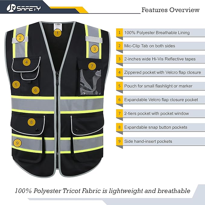 JKSafety 9 Pockets Hi-Vis Black Color Zipper Front Safety Vest Fluorescent Yellow Strips outlining the Reflective Tapes ANSI/ISEA Class 1 (901-Black, Medium)