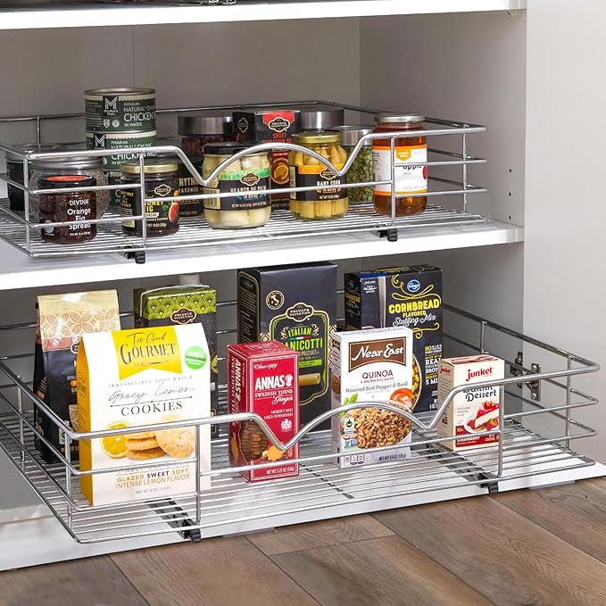 HOLDN’ STORAGE Heavy-Duty Premium Collection Pull Out Cabinet Organizer, Cabinet Drawer Slide Outs, Lifetime Limited Warranty - Basket Size 28" W x 21" D x 5" H, Anti-Rust Chrome Finish