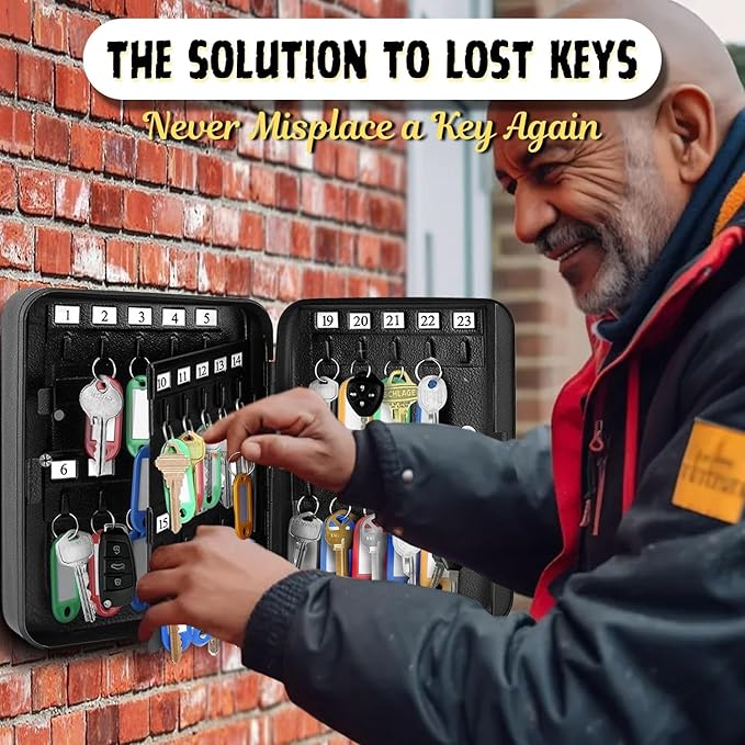 Flexzion Key Cabinet Key Lock Box Wall Mount with 40 Key Holder Organizer Locker Case, Colored Key Tags & Hooks Wall Mounted Lock Box for Keys Storage, Homes, Property, Hotels, Business (Black)