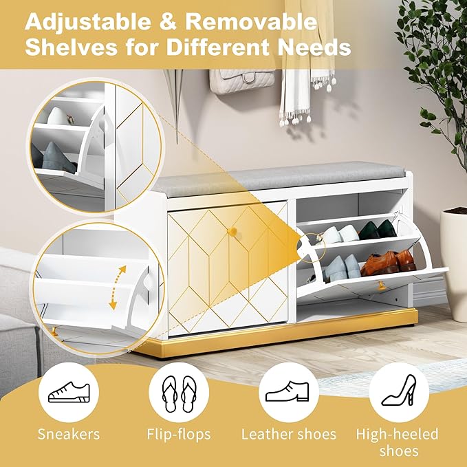 HLR Shoe Bench with Storage, Modern Entryway Bench with 2 Flip Drawer & Padded Cushion Seat, Shoes Storage Bench for Hallway, Closet, Living Room, White Shoe Storage Cabinet with Bench