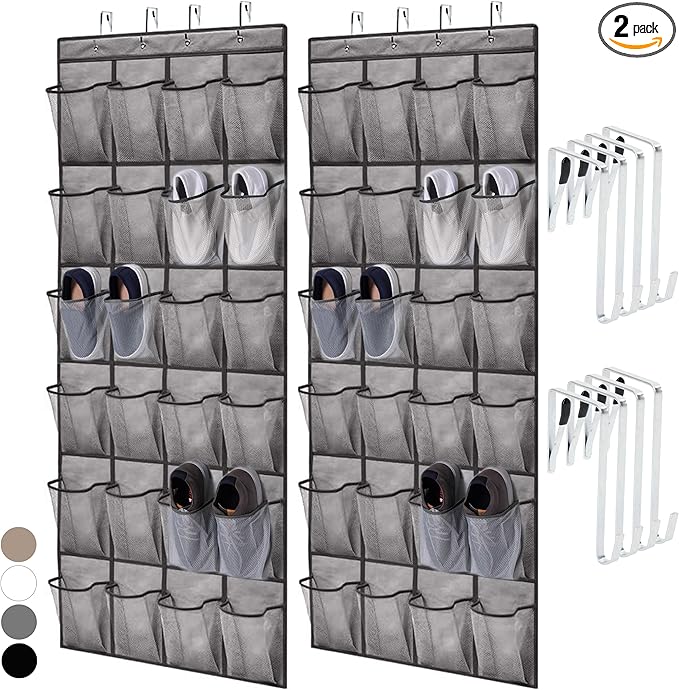 HOME GENIE Over the Door Hanging Shoe Organizer, 2 Pack, 24 Breathable Mesh Pockets, Closet Rack Storage Holder Stay in Place Hooks Hang on Closets, Hanger Holds Up to 40 lbs, Shoes, Accessories, Gray
