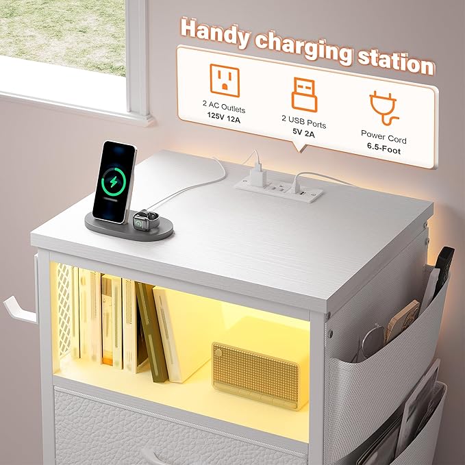 EnHomee Tall Night Stand Set 2 with 5 Drawers, LED Nightstand with Ports & Outlets, White Dresser with Extra Side Bag & Storage Shelf & Hooks, Bedroom, Dorm, Closet
