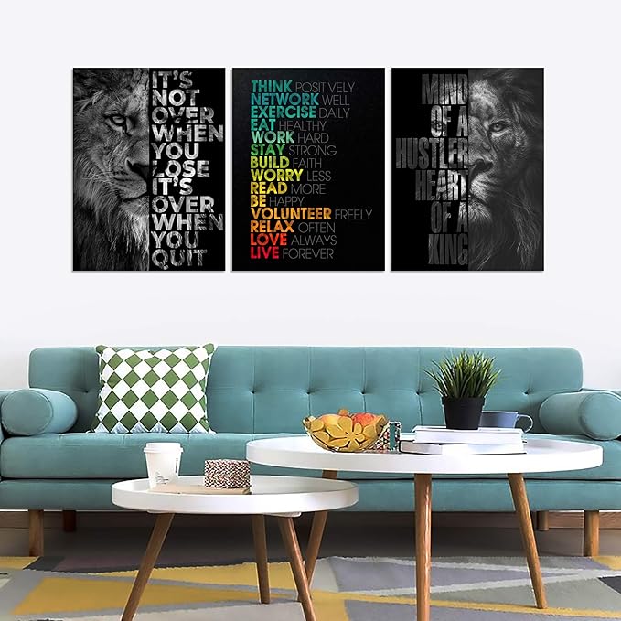 Unbruvo Motivational Office Wall Art Inspirational Canvas Wall Art Lion Picture Print Entrepreneur Quote Wall Painting 3 Pieces Artwork for Living Room Bedroom Classroom Home Decor(48" Wx24 H)