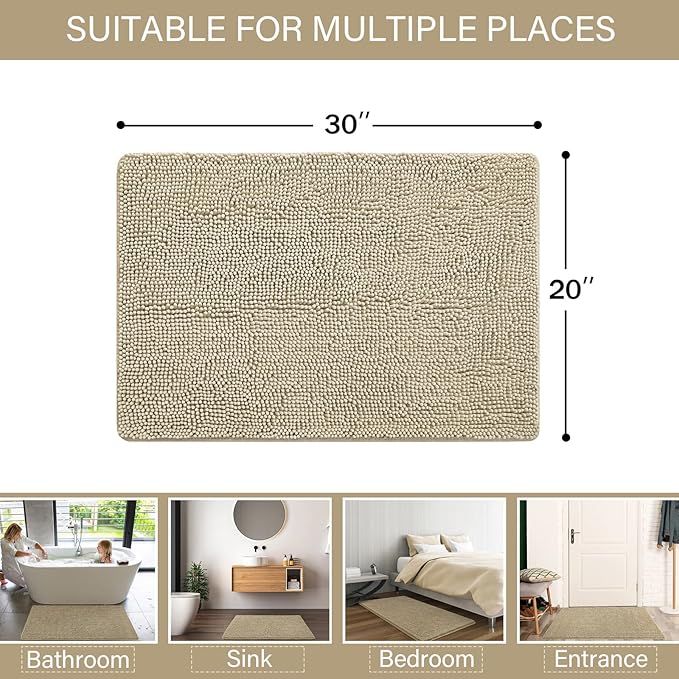 LOCHAS Luxury Bathroom Rug Shaggy Bath Mat 20 x 30 Inch, Washable Non Slip Bath Rugs for Bathroom Shower, Soft Plush Chenille Absorbent Carpets Mats, Beige