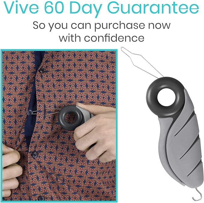 Vive Button Hook with Finger Hole - Zipper Gripper Pull Helper - Dressing Aid Assist - Buttoning Tool Device for Arthritis, Limited Mobility, Independent Living - Dexterity Handle Grip for Clothes