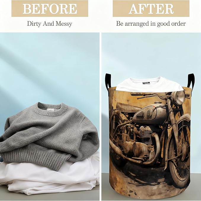 Vintage Motorcycle Laundry Basket Hamper for Boys Girls Kids Adults, Foldable Waterproof Oxford Clothes Storage Bin, Biker Organizer for Bedroom Bathroom Room Decor 19.7"x15.8"