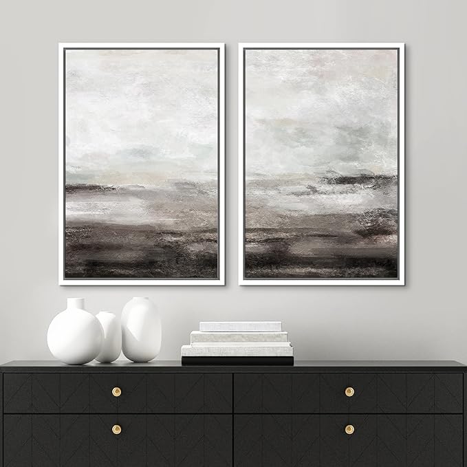 MUDECOR Framed Wall Art Print Set Brown and Gray Grunge Paint Stroke Landscape Abstract Shapes Illustrations Modern Minimalist Chic Relax/Calm for Living Room, Bedroom, Office - 16"x24"x2 White