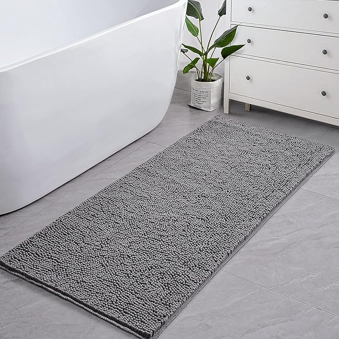 LOCHAS Luxury Bathroom Rug Shaggy Bath Mat 24 x 60 Inch, Washable Non Slip Bath Rugs for Bathroom Shower, Soft Plush Chenille Absorbent Carpets Mats, Gray
