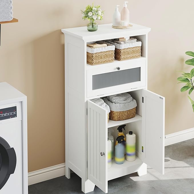 ChooChoo Bathroom Floor Storage Cabinet with Flip Glass Drawer, Freestanding with 2 Doors, Adjustable Shelf & Open Storage for Living Room, Hallway, White