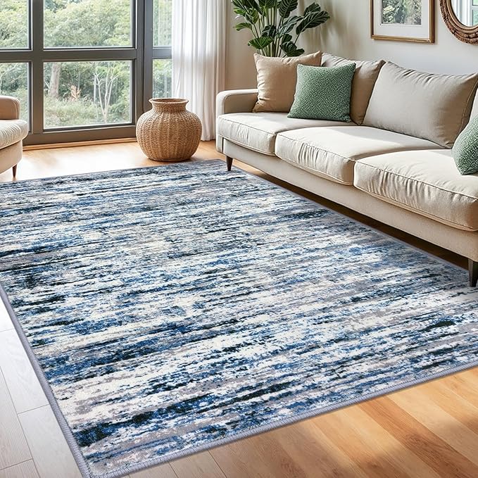 Modern Abstract 6x9 Machine Washable Living Room Rug Non-Slip Soft Bedroom Area Rug Grey Blue White Thin Print Faux Wool Floor Carpet Throw Rugs for Nursery Playroom Dining Room Indoor