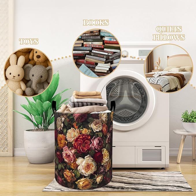 Lush Roses in Red and Yellow Shades Laundry Basket, Dorm Nursery Foldable Laundry Hamper Organizer for Bathroom Decor, Toy Clothes Storage Box for Bedroom 19.7x15.7 Inch