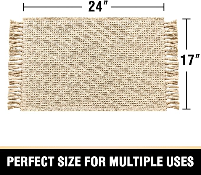 H.VERSAILTEX Waffle Bath Mat Super Absorbent Boho Bath Mat Non Slip Bath Rugs for Bathroom Floor Machine Washable Dry Fast Bathroom Rugs with Tassels, 17" x 24", Sand