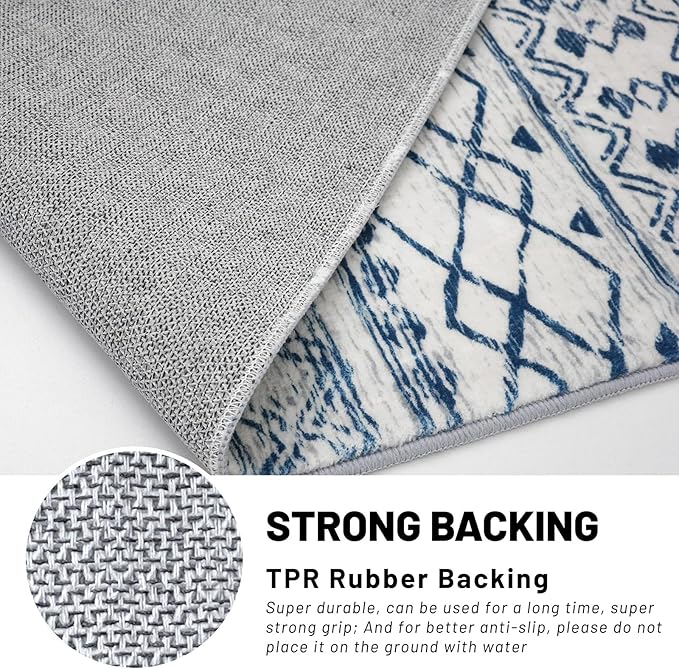 KUTA Moroccan Washable Runner Rug, 2x6 Non-Slip Vintage Blue White Boho Hallway Kitchen Rugs Ultra Soft Distressed Geometric Floor Carpet Runners for Bedroom Laundry Living Room