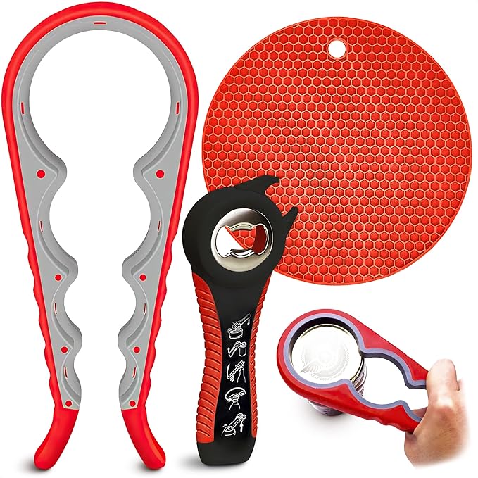 3 Pcs Rubber Jar Opener Grippers Tools for Seniors - Rubber Jar Opener Gripper Pad & 2 Openers for Seniors with Weak Hands, Ergonomic Handle, Easy to Use, Fits Up to 2.7 Inch Caps, Valentines Day Gift