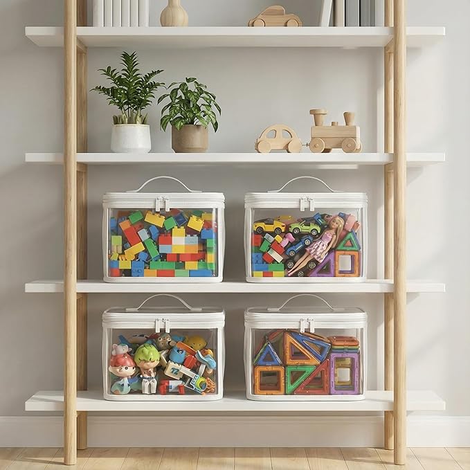 HOLAY Clear Toy Storage Bags with Handle, 4 Pack Playroom Storage Organizer Bins Kids Toys, Board Games, Busy Bags, and Homeschool Supplies –Transparent PVC with Reinforced Base(White, Small)