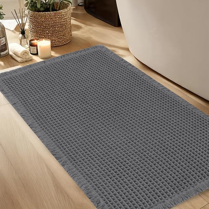 Hiasan Waffle Bath Mat, Super Absorbent Non Slip Bathroom Boho Rug with Tassels, Machine Washable Bath Mats for Bathroom, Ultra Soft Rubber Backed Rug, Dark Grey, 20 x 32 Inches