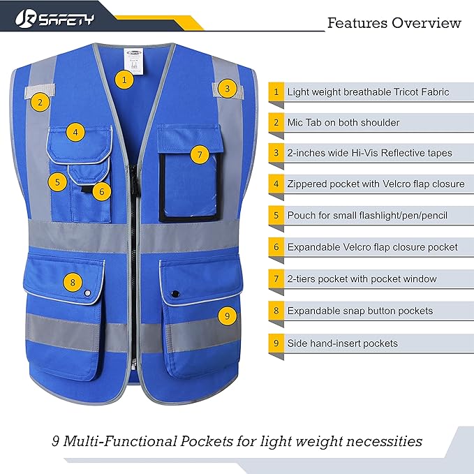 JKSafety 9 Pockets High Visibility Zipper Front Safety Vest With Reflective Strips Meets ANSI/ISEA Standard (150Blue-M)