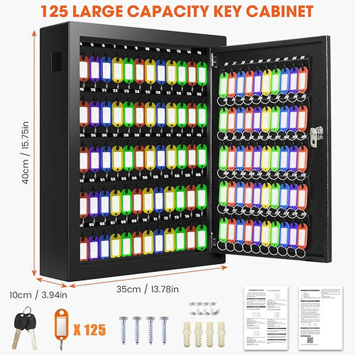 125 Position Key Cabinet Wall Mount with Anti-Theft Deposit Key Slot, Key Box Organizer with Key Hooks & 125 Tags Key Labels, Key Safe for Hotels & Office & Companies & Car Dealerships