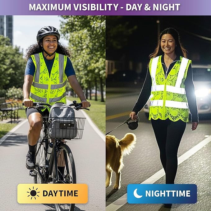 Lace-Mesh Safety Vest for Women & Men - Breathable, High Visibility Vest with Zipper & ANSI Class 2 Reflective Strips