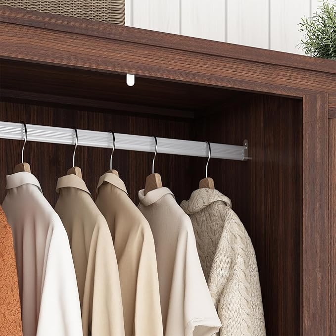3 Doors Wardrobe Armoire Closet with Doors and Drawers, Farmhouse Wooden Armoire Storage Cabinet with Shelves & Hanging Rod for Bedroom, Brown