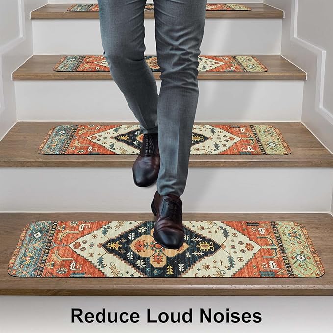 OJIA Non-Slip Carpet Stair Treads for Wooden Steps Set of 15, 30''X8'' Indoor Runner Resistant Rugs Rubber Safety Mats for Dogs, Kids & Elders, Stairway Grip
