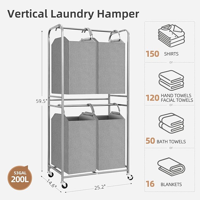 STORAGE MANIAC 4 Section Vertical Laundry Hamper, 2 Tier Laundry Sorter with 4 Removable Tote Bags, Rolling Clothes Basket for Towels, Blankets, Tall Dirty Clothes Hamper for Closet, Bathroom, 4 Bags