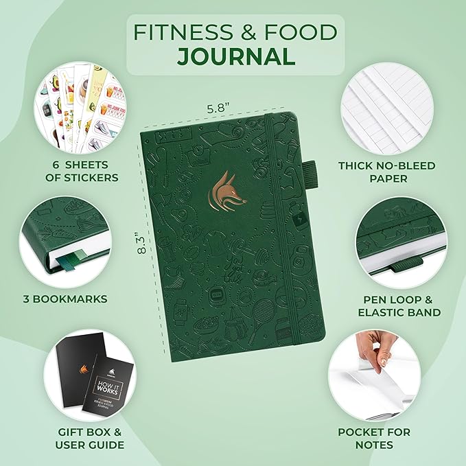 Clever Fox Fitness and Food Journal Premium – Guided Daily Workout, Meal & Weight Loss Tracker for Women & Men – Exercise Diet Planner (Forest Green)
